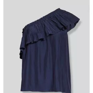 Ramy Brook Women's Rose One-Shoulder Pleat Ruffle Top XXL  NWT 295 Navy